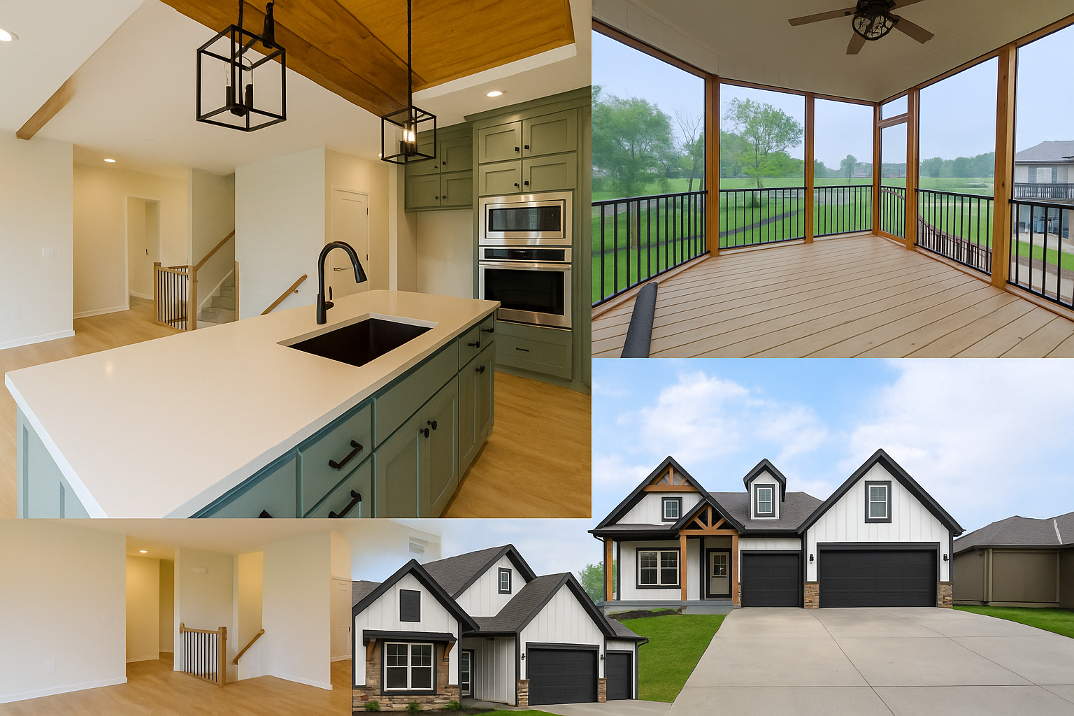Property collage showing kitchen, porch, and exterior views